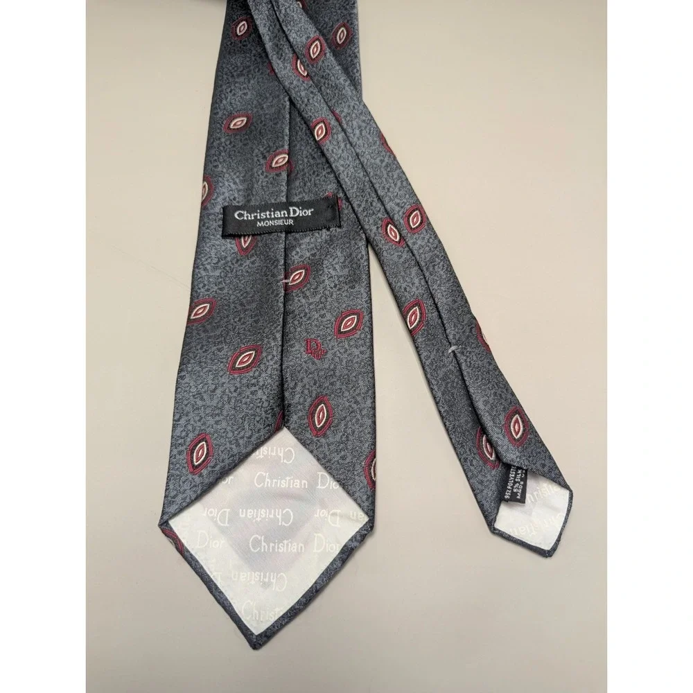Christian Dior Monsieur Men's Tie Gray Red Geometric Silk Blend Made USA